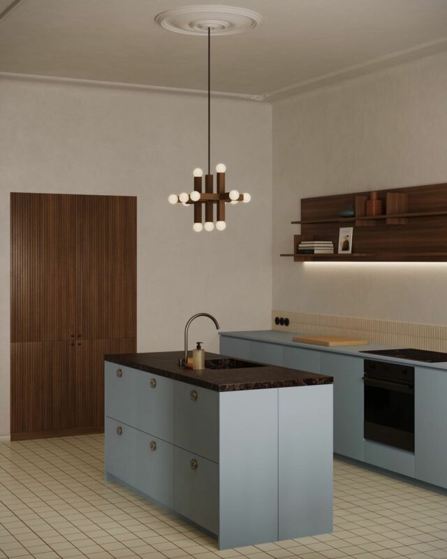In the Mid-century Modern style kitchen the Honest Blue shade of fronts are combined with the darker elements of the American Walnut pantry and shelves, which revives the interior and gains a completely new, noble expression.

Check out the Memphis Collection of lacquered fronts. Link in bio.

Design & Visualisation: Julia Bimer