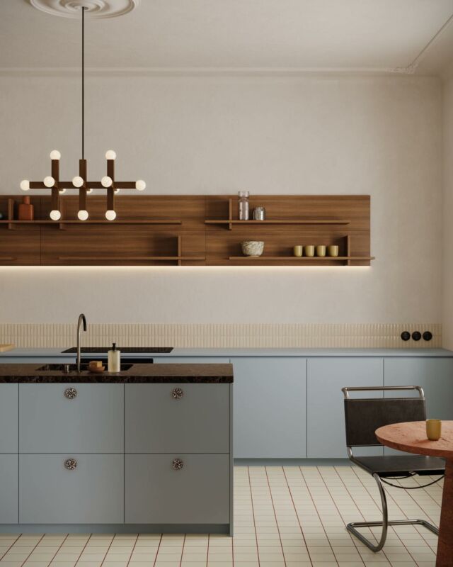 In the Mid-century Modern style kitchen, the Honest Blue shade of fronts is combined with the darker elements of the American Walnut pantry and shelves, which revives the interior and gains a completely new, noble expression. The built-in wall cabinet with Stripe fronts further emphasises modern linearity in detail.

Check out the Memphis Collection of lacquered fronts. Link in bio.

Design & Visualisation: @juliabimer